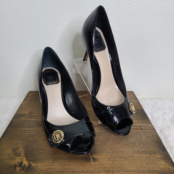 Christian Dior Patent Leather Black Peep Toe Heel